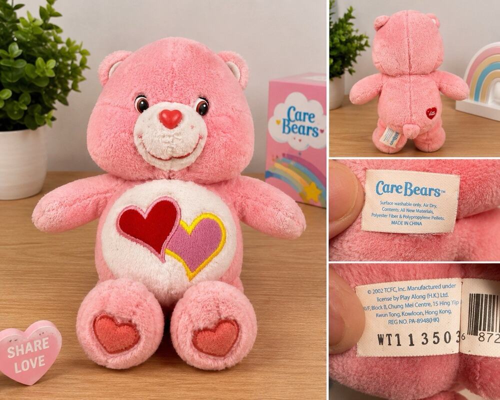 Care Bears Share Bear Mini Plush 2002 Play Along Pink Bear Hearts 6 Inch